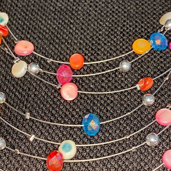 Multi Color Beaded Illusion Wire Collar Statement Necklace - Adjustable to 20” - Picture 3 of 3